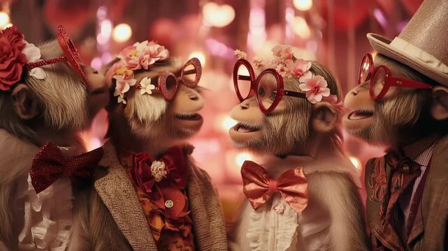 Chimpanzees celebrating love and friendship, wearing red heart-shaped glasses and party attire