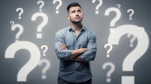 Thoughtful man standing with arms crossed surrounded by floating question marks concept