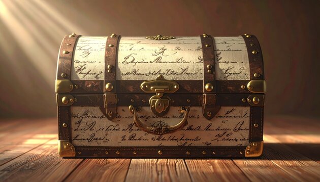 A captivating vintage treasure chest, bathed in ethereal light, promises untold stories and forgotten riches, hinting at grand adventures and historical secrets