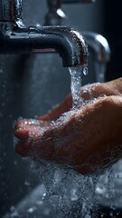 Fototapeta premium Close‑up of hands with abundant foam and bubbles under running water from a sleek chrome faucet, 4K, photorealistic