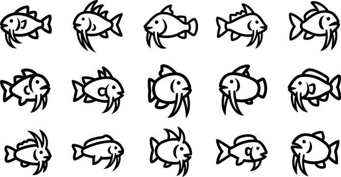 Collection of fifteen stylized black and white fish with varied fin and whisker details symbol outline
