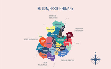 A map showing Fulda HE Kreise into Gemeinden in a minimalist colorful style © Weerayuth