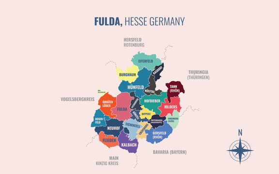 A map showing Fulda HE Kreise into Gemeinden in a minimalist colorful style