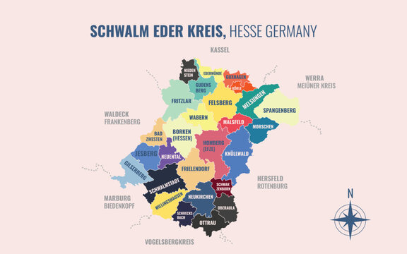 A map showing Schwalm Eder Kreis HE Kreise into Gemeinden in a minimalist colorful style