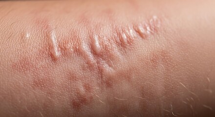 Fototapeta premium Close up of a keloid scar on human skin showing raised texture and redness.