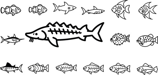 Obraz premium Collection of stylized black and white fish including sharks, sturgeon, and various marine life outline
