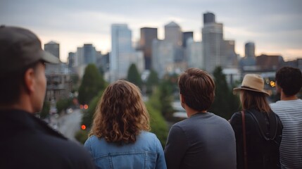 Fototapeta premium A group of people observing a sprawling modern city skyline bathed in the cool atmospheric light of dawn or dusk