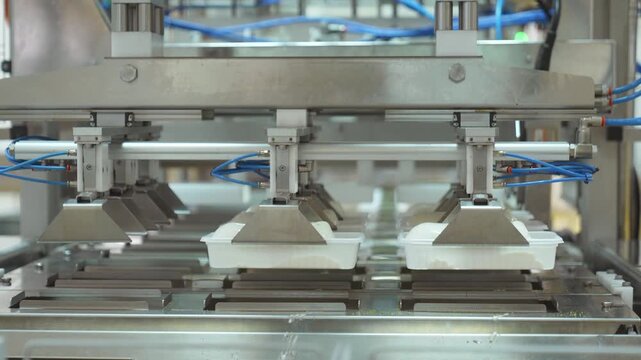 Automated machine placing and sealing ice cream portions on production line. Industrial system with robotic handling, conveyor workflow, hygienic processing and modern ice cream factory operation.