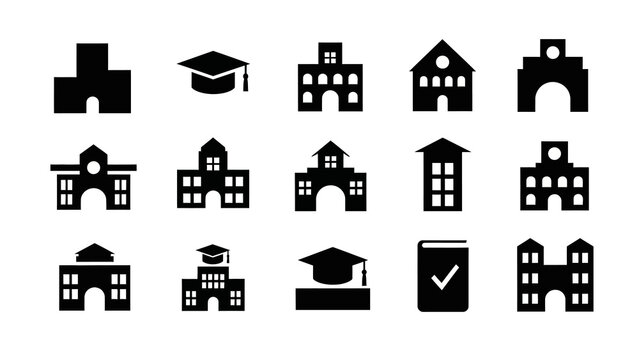 A set of black silhouette education icons showcasing vector illustrations of university buildings, schools, and academic regalia against a clean white background to symbolize knowledge