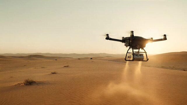 Advanced cargo drone transports a sensitive payload across a barren desert landscape
