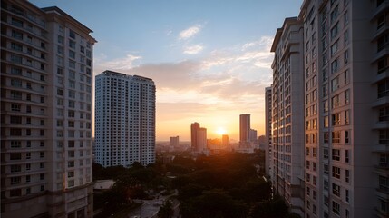 Fototapeta premium A vast urban cityscape featuring modern high rise buildings set against a dramatic peaceful sunset sky