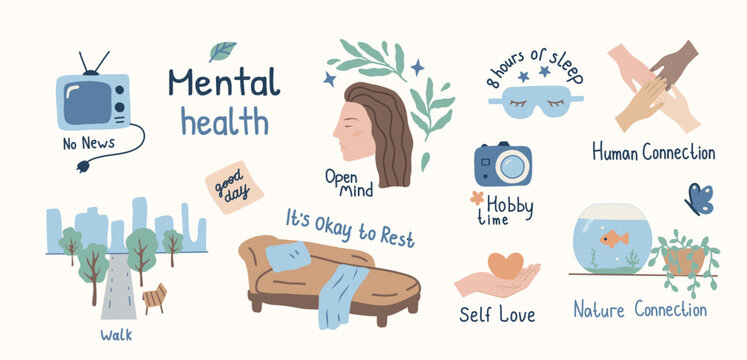 Flat design mental health illustration set with self care concepts &mdash; sleep mask, open mind, self love, nature, hobby, walk, human connection. Pastel blue doodle style for wellness prints and posters.
