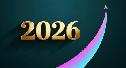 Naklejka premium Golden year 2026 text with upward arrow, symbolizing growth and progress, showcasing future success and achievement, perfect for business or motivational themes