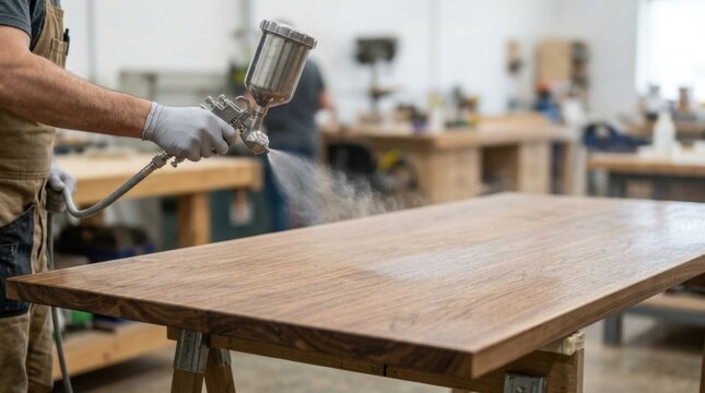 Professional application of clear matte lacquer to a large wooden surface, showcasing industrial furniture finishing and wood grain enhancement.