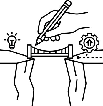 Hand bridge over chasm with lightbulb idea and gear progress pencil