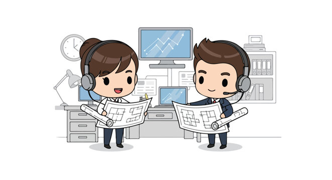 Two cute chibi business professionals wearing headsets review architectural blueprints together in a modern office with data monitors.