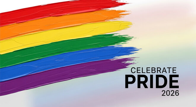 Bold rainbow brush strokes represent diversity and pride, with text proclaiming "Celebrate Pride 2026", symbolizing inclusivity and celebration.