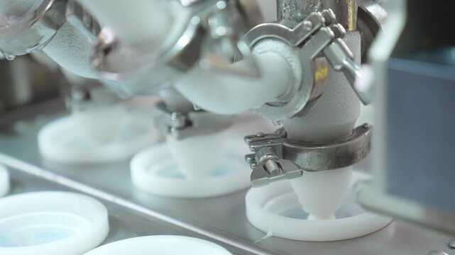 Automated ice cream filling process dispensing liquid mixture into molds on conveyor. Industrial production line with hygienic processing, precision dosing and modern ice cream factory workflow.