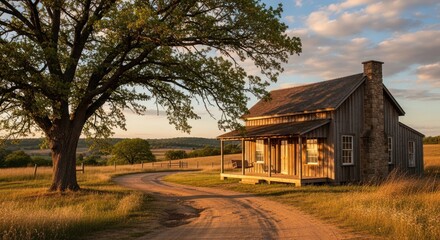 Fototapeta premium Rustic wooden cabin in a scenic landscape at sunset with a winding dirt road.