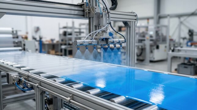 Protective polymer coating applied to a flat plastic sheet, illustrating advanced material science and industrial finishing for synthetic components.