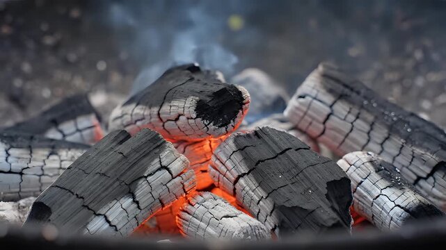 Closeup of glowing hot embers and burning charcoal logs in a barbecue pit.
