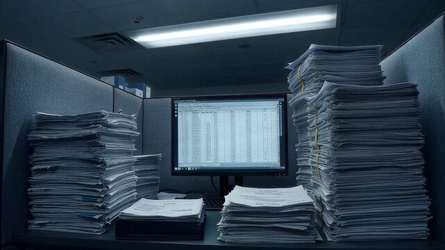 Overworked employee analyzing endless spreadsheets in a sterile office environment, representing corporate stress and data overload.