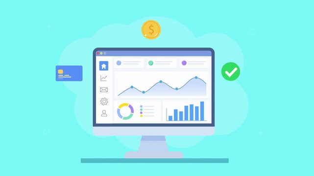 Looping flat animation of a cloud analytics dashboard with charts, coin and approval icons, representing financial tracking, validation, and business performance monitoring.