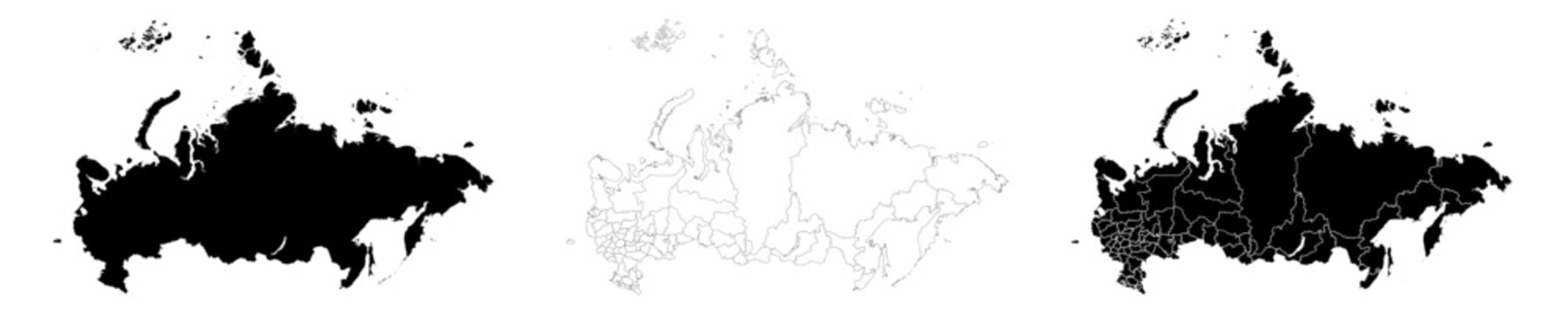Russia map isolated on white background. Russia country map. Russia political map.Solid simple style. Russia map silhouette linear and black illustration. Black and white. Vector editable