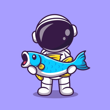 Cute Astronaut Holding Fish Cartoon