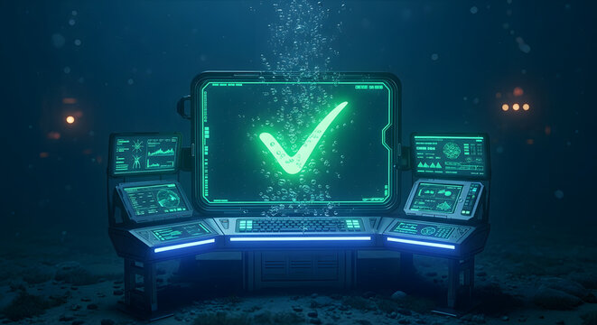 Futuristic underwater computer station with green checkmark on screen