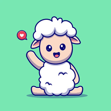 Cute Baby Sheep Sitting And Waving Hand Cartoon