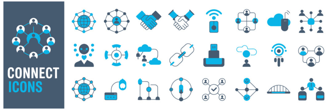 Set of flat design icons for connectivity, business, and technology, including networking and communication.