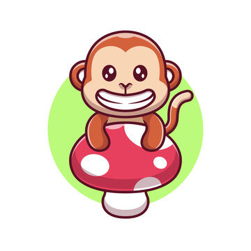 Cute Monkey On Mushroom Cartoon