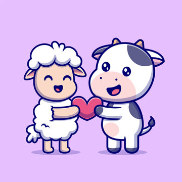 Cute Sheep And Cow Holding Love Heart Cartoon