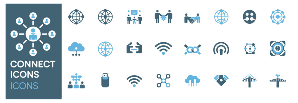 Assortment of flat icons symbolizing global connections, technology, and digital networking concepts.