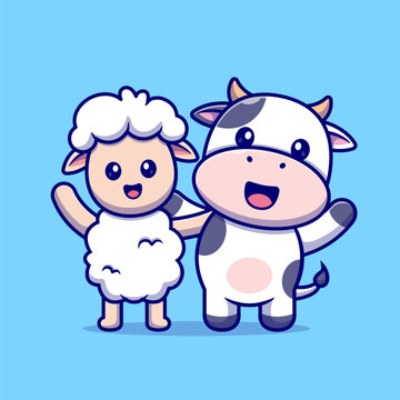 Cute Sheep And Cow Friend Cartoon