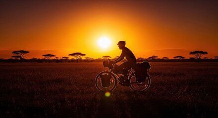 Obraz premium Silhouette of male cyclist riding touring bike through savanna landscape during golden sunset
