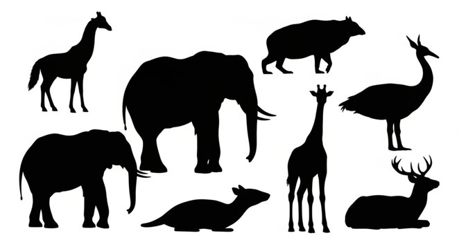Collection of Diverse Animal Silhouettes Standing and Lying Down.