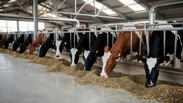 A row of dairy cows eating mixed feed inside a spacious modern barn with natural light