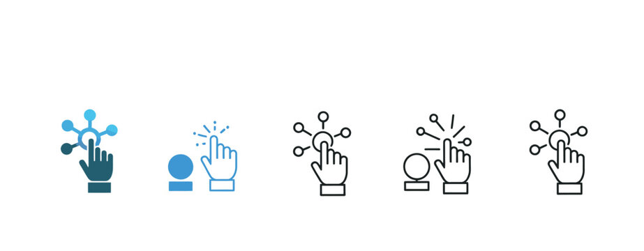 Group of icons depicting interactivity, digital touch, and user interaction with technology and networks.