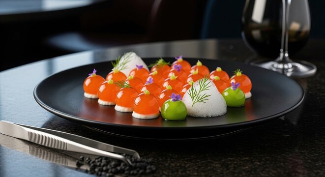Spherified smoked salmon pearls with horseradish espuma and dill garnish on dark plate