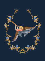 Fototapeta premium Decorative vintage floral illustration with an angel with horn in Byzantine style
