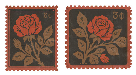 Obraz premium Scrapbook Postage Stamp with Red Rose and Bud, isolated on transparent background. Old Botanical Grunge Set with Dark Background
