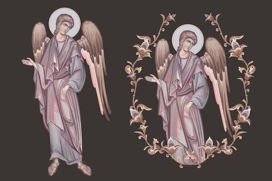 Guardian angel. Christian pastel illustration set in Byzantine style isolated