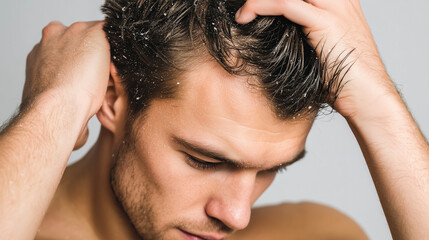 Fototapeta premium Close-up of man scratching scalp with visible dandruff flakes, hair care problem and dermatology concept, hygiene and treatment theme.