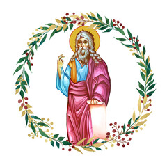 Fototapeta premium Jeremiah weeping prophet. Decorative vintage floral wreath, illustration in Byzantine style isolated