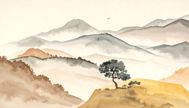 黄金色の丘と霧に包まれた連峰を描いた和風水彩画。一本松の生命力と幽玄な美学を表現する背景素材。
