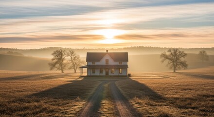 Fototapeta premium Solitary farmhouse bathed in golden sunrise light, casting long shadows across a misty rural field.
