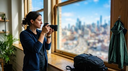 Fototapeta premium Photographer checking the weather and lighting conditions from a window before starting a street session, reflecting the observation and anticipation of urban photography.