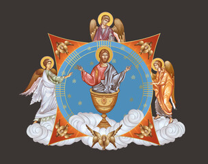 Fototapeta premium Heaven Liturgy. Jesus Christ in Holy Chalice. Illustration in Byzantine style with angels and seraphim
